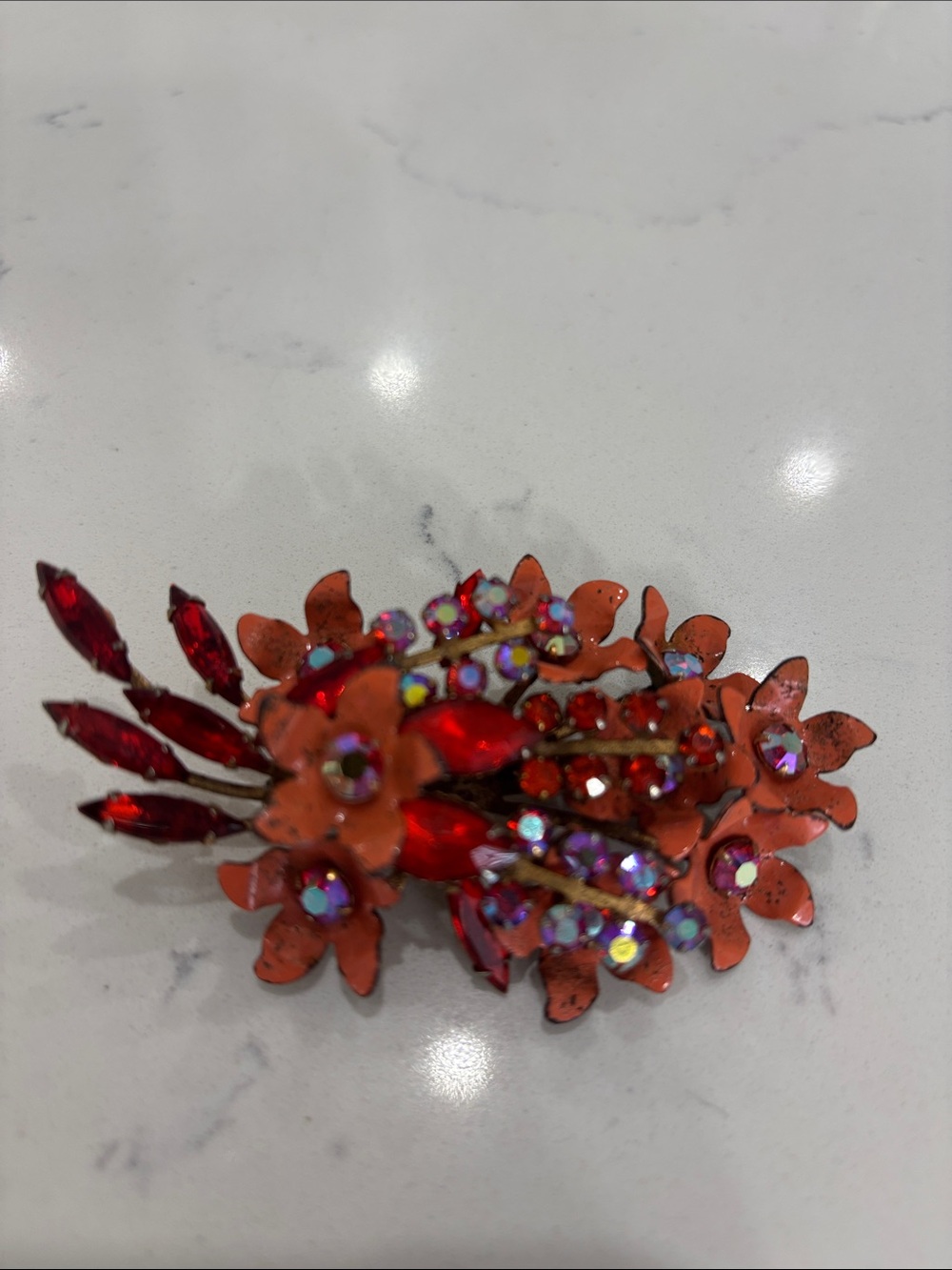 VTG Unsigned Beau Jewels Style Red Rhinestone Floral Brooch Mid Cent AB Crystal